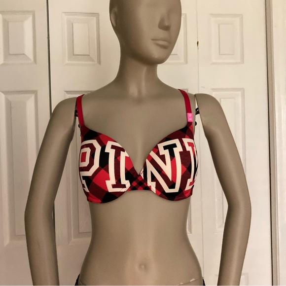 Victoria's Secret PINK Bra 34D Wear Everywhere Push-Up Plaid with Logo - Picture 3 of 16